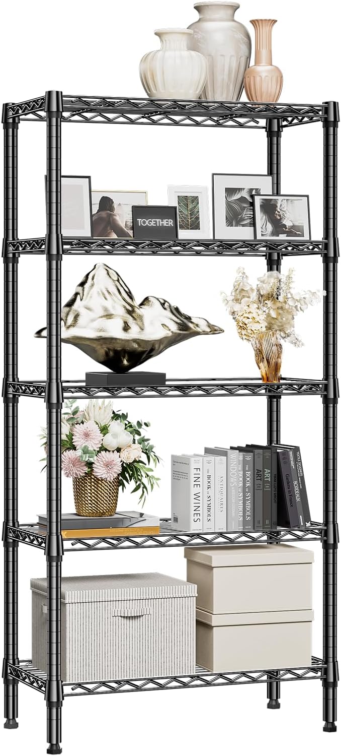 1250 lbs 5 Tier Shelf Metal Storage Shelves Shelving Wire Rack Heavy Duty Closet Organizers for Garage Kitchen Bathroom Laundry Black 13.8" D x 29.5" W x 59.5" H-HomvellaHome