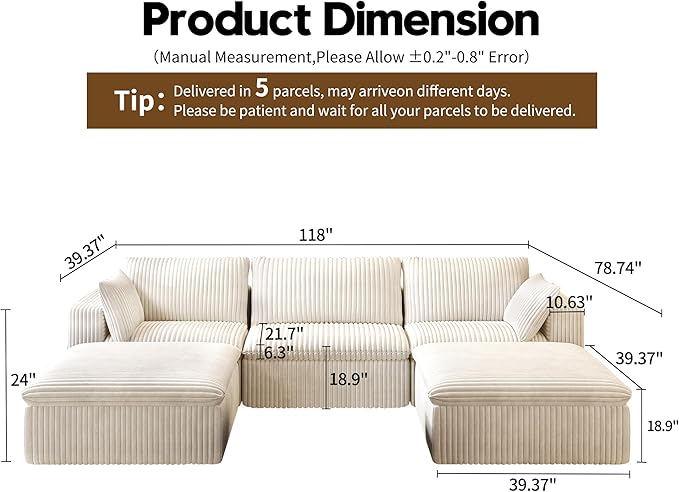 118" U Shaped Modern Sofa Modular Sectional Cloud Couch with 2 Ottoman,Upholstered Couches with Corduroy Fabric for Living Room Furniture,Bedroom and Apartment,No Assembly Required,White-HomvellaHome