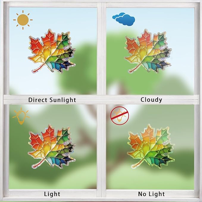 14pcs Window Decals for Bird Strikes, Anti Collision Window Clings, Rainbow Reflection Window Sticker, Maple Leaf Style Sun Catcher Stickers for Glass Windows-HomvellaHome