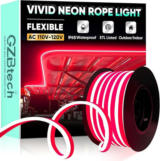 GZBtech Flexible LED Neon Rope Lights 33FT,AC 110-120V Waterproof Strip Light, 120 LEDs/M Cuttable Connectable Neon Lighting for Indoor Outdoor Home Decor/Commercial Building Use-Red 10M-HomvellaHome