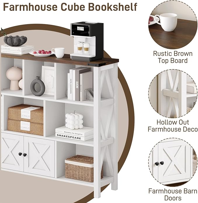 11 Cube Storage Organizer Bookshelf, Wooden Open Cube Shelf Bookcase, Farmhouse Display Book Shelf, 3 Tier Cube Bookshelves with Storage, Rustic White-HomvellaHome