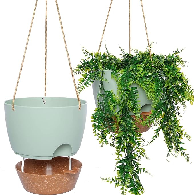 10 Inch Self Watering Hanging Pots, 2 Pack Hanging Planters with 40oZ Deep Reservior for Indoor Outdoor Plants Flowers, Green with Brown-HomvellaHome