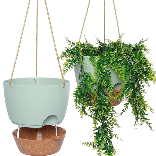 10 Inch Self Watering Hanging Pots, 2 Pack Hanging Planters with 40oZ Deep Reservior for Indoor Outdoor Plants Flowers, Green with Brown-HomvellaHome