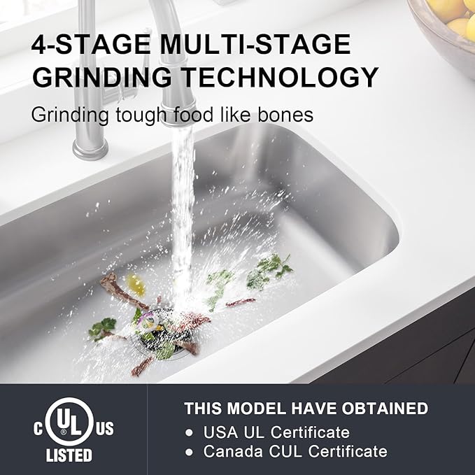 Garbage Disposal 1 HP Ultra Quiet Intelligent Auto-Reverse Function Continuous Feed Food Waste Disposer with Power Cord Easy install, AC Motor Stainless Steel Grind 1 Horsepower (MAX-6)-HomvellaHome