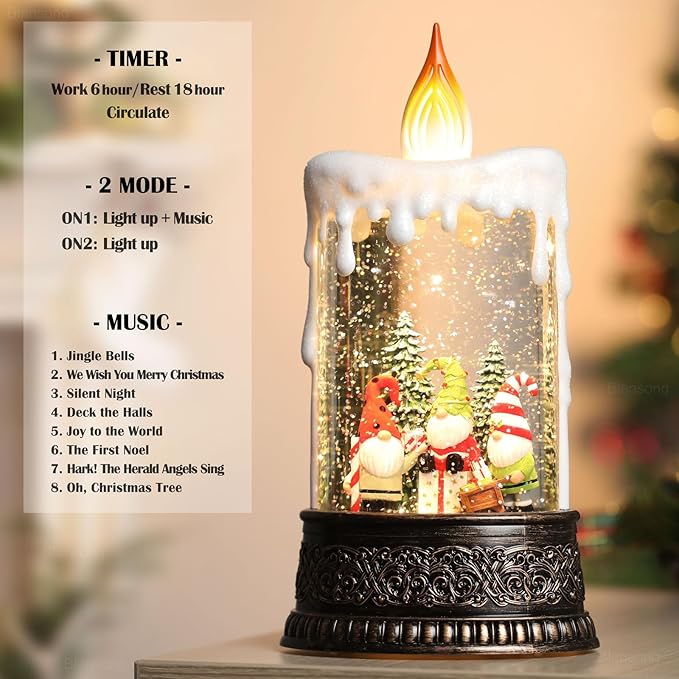 Gnome Snow Globe Candle Christmas Decorations Gifts Auto Snowfall Glitter Music Collection with 6H Timer USB/Battery Powered 9.7 inch-HomvellaHome