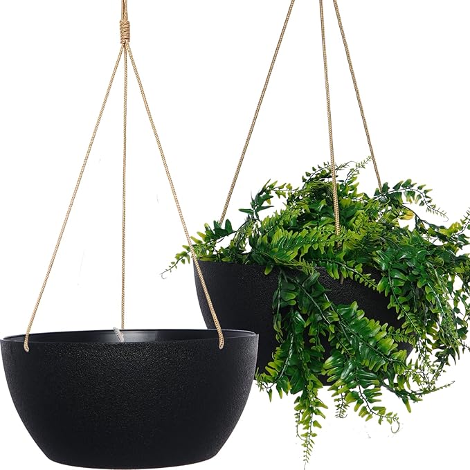 12 Inch 2 Pack Large Hanging Planters for Indoor Outdoor Plants, Plastic Hanging Basket Pots for House Plants Flowers, Black-HomvellaHome