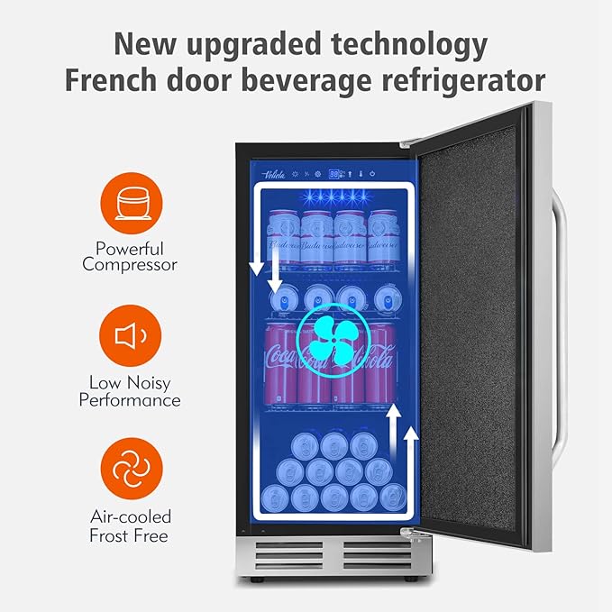 15 Inch Outdoor Beverage Refrigerator Cooler,Stainless Steel 127 Cans Beverage Fridge with French Door Under Counter Built-in or Freestanding, Perfect for Beer, Cola-HomvellaHome