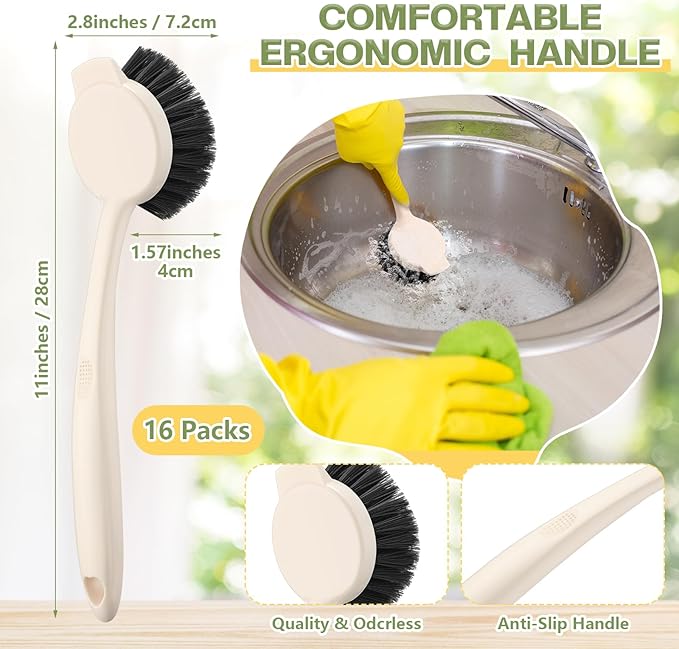 16 Pack Dish Brush with Handle Dish Scrubber Brush with Built-in Scraper Kitchen Scrub with Stiff Bristles Long Scrubber for Home Restaurant Pot Sink Washing Cleaning Supplies, Beige-HomvellaHome