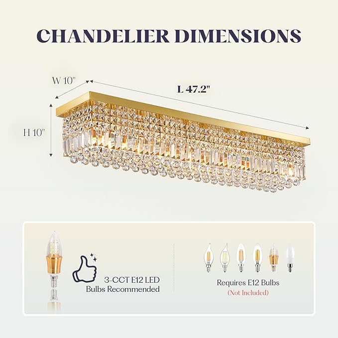 10 Lights Gold Flush Mount Rectangle Chandelier, Modern K9 Crystal Chandeliers Light Fixture Rectangular Raindrop Chandelier Pendant Island Light for Living Dining Room Kitchen Bar L47 Inch-HomvellaHome