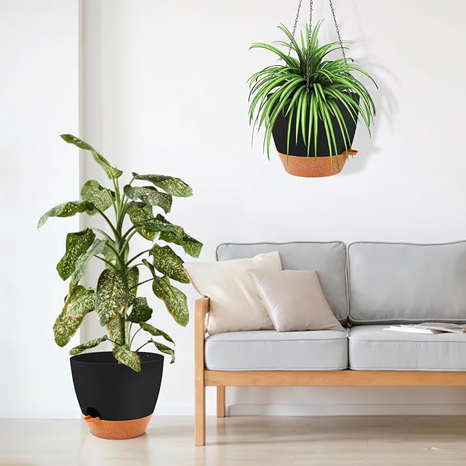 GARDIFE Large Hanging Planter, 12 inch Hanging planters for Indoor. Outdoor Plants, Self Watering Plant Pot, Plant Hanger, Black-HomvellaHome