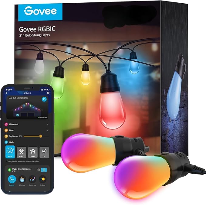 Govee Smart Outdoor String Lights H7015, 48ft RGBIC Outdoor Lights with 15 Dimmable LED Bulbs, IP65 Waterproof, Color Changing Warm White Lights with 47 Scene Modes for Patio, Backyard, App Control-HomvellaHome