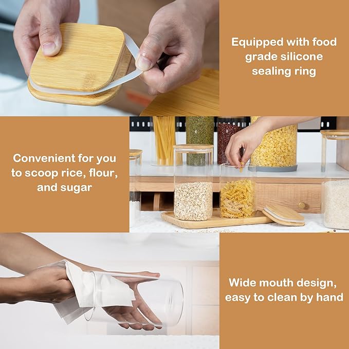 108oz 42oz Straight cylindrical Airtight Storage Jars with Bamboo Lid Set of 2 Large Storage Container Gallon Glass Jars, for Flour, Pasta and Coffee bean (with Black Lable)-HomvellaHome