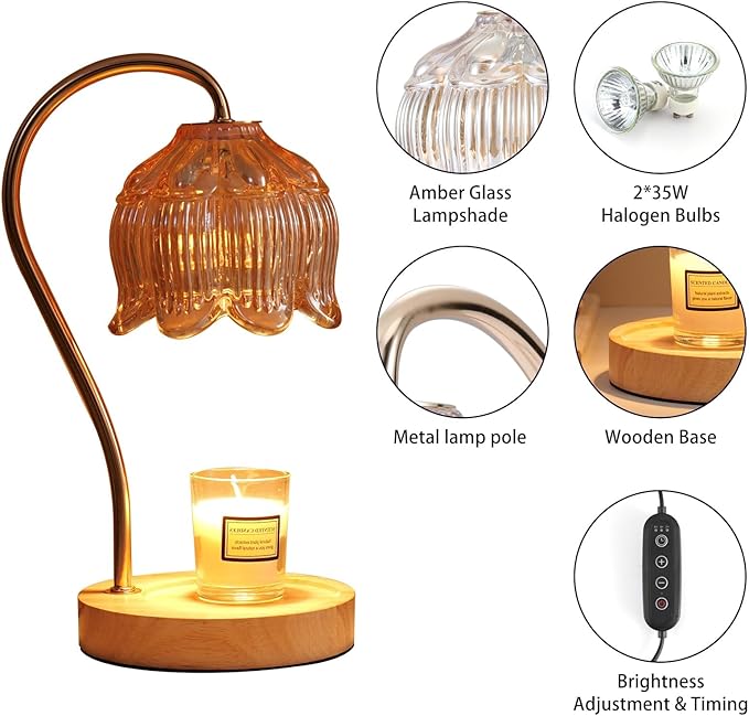 GEEZO Fragrance Candle Warmer Lamp with 2 Bulbs Electric Candle Warmer with Timer & Dimmer for Home Decor Wax Melt for Small Large Size Jar Candles Retro Wooden Base-HomvellaHome