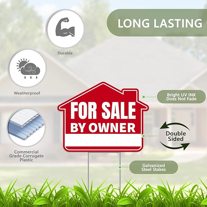 1PC For Sale By Owner Sign with Stakes, 17 Inches by 13 Inches - Double Sided Signs - Corrugated Plastic - FSBO Yard Sign for Home House Real Estate-HomvellaHome