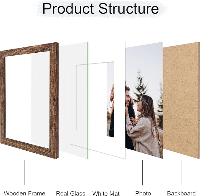 11x14 Picture Frame Set of 4, 11 x 14 Wood Photo Frames with Mat for 8x10, Natural Wooden Frame with Real Glass Cover for Wall and Tabletop Display,Rustic Brown-HomvellaHome
