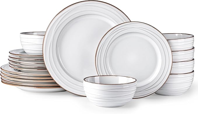 GBHOME Ceramic Dinnerware Sets,18 pcs Embossed Elegant Stoneware Plates and Bowls Sets, Housewarming Wedding Gift | Dishwasher & Microwave Safe | Dishes Set Service for 6-HomvellaHome