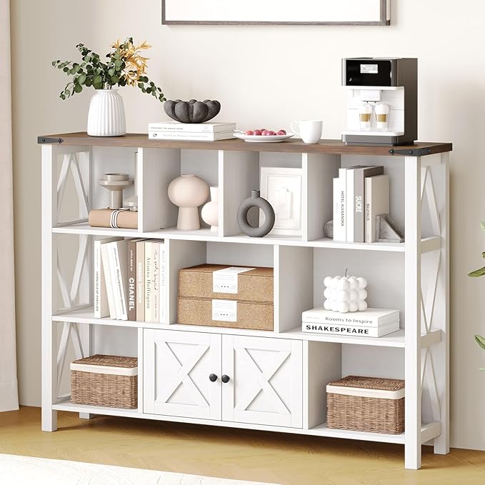 11 Cube Storage Organizer Bookshelf, Wooden Open Cube Shelf Bookcase, Farmhouse Display Book Shelf, 3 Tier Cube Bookshelves with Storage, Rustic White-HomvellaHome