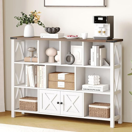 11 Cube Storage Organizer Bookshelf, Wooden Open Cube Shelf Bookcase, Farmhouse Display Book Shelf, 3 Tier Cube Bookshelves with Storage, Rustic White-HomvellaHome