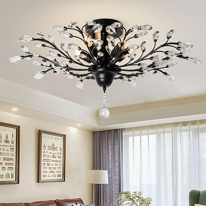 Ganeed Crystal Ceiling Light,Vintage Chandelier, Modern Elegant K9 Crystal Glass Chandelier Flush Mount Ceiling Lighting Fixture for Living Room Bedroom Restaurant Porch- Matte Black - 5 Lights-HomvellaHome