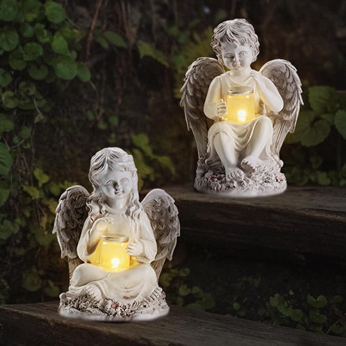 2 Pack Outdoor Angel Statue Garden Decor, Classic Solar Angel Figurine Decoration for Yard Art Indoor Porch Home Lawn Outside Light up Cherub Sculpture Guardian Wings Memorial Gifts-HomvellaHome