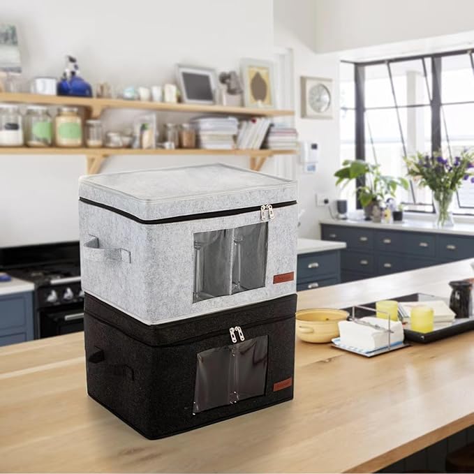 2 Pack Wine Glass Storage Box with Dividers, Stemware Storage Containers for Packing and Moving, China Storage Containers Box for 12 Crystal Glassware, Wine Glasses, Drinkware,Dark Gray-HomvellaHome