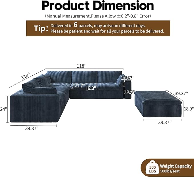118" 6-Seater Cloud Sofa,Modular Sectional Couch with Ottoman,Modern Deep Seat Upholstered Couches with Plush Corduroy Fabric for Living Room Furniture,Bedroom and Apartment,No Assembly Required,Blue-HomvellaHome