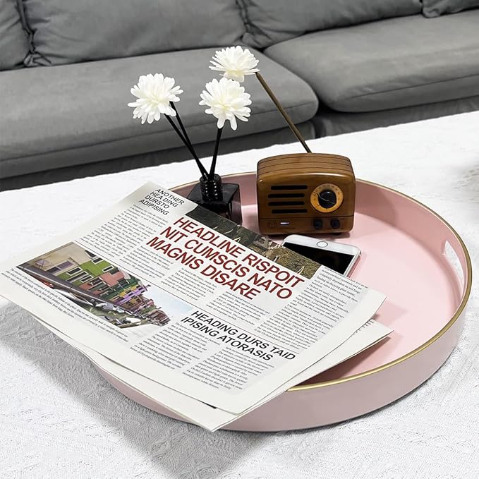 13" Pink Serving Tray with Handles,Round Decorative Tray for Coffee Table, Plastic Modern Coffee Table Tray for Ottoman, Living Room, Bathroom, Décor.-HomvellaHome