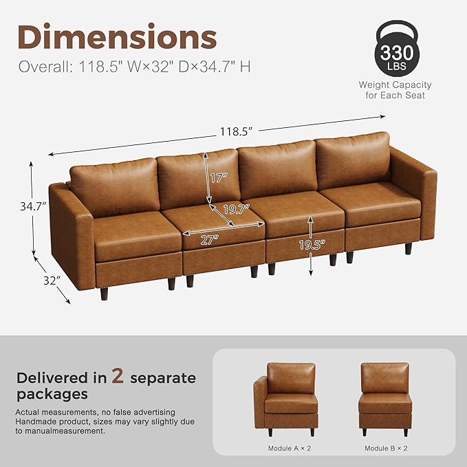 118.5" Faux Leather Modular Sectional Sofa with Storage Seat, Oversized 4 Seater Couch Deep Seat with Removable Cover Brown-HomvellaHome