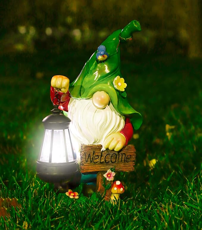 Garden Gnome Statue, Resin Figurine with Bright Solar Lantern Lights and Welcome Sign, Outdoor Solar-Powered Illumination Yard Art Decorations for Indoor Outdoor Patio Lawn Garden Room-HomvellaHome