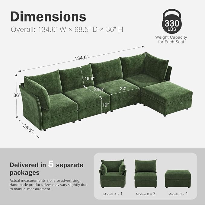 134.6" Luxury Modular Sectional Convertible Sofa with Storage Ottoman, L-Shape 5-Seat Oversized Comfy Couch Deep Seat with Reversible Chaise - Chenille Green-HomvellaHome