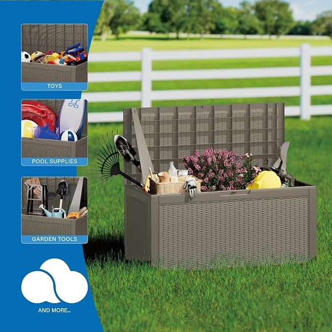 100 Gallon Double-Wall Resin Deck Box - Lockable Waterproof Outdoor Storage Box, 1000lbs Capacity & Doubles as Seating for Patio Furniture - Garden Tools, Pool Accessories (Brown)-HomvellaHome