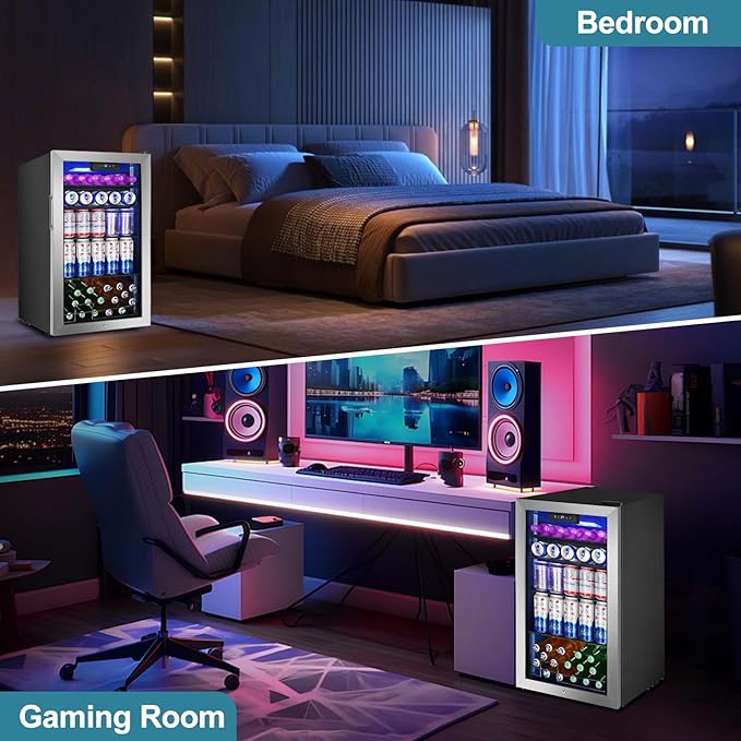 128 Cans Beverage Refrigerator Cooler, 3.2 Cu.Ft Mini Drink Fridge Glass Door for Drink Beer Soda Wine, Beer Fridge with 4 Removable Shelves for Kitchen Bedroom, Office Bar Gaming Room,Stainless Steel-HomvellaHome