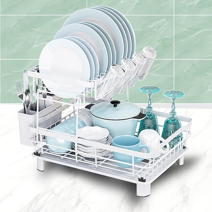 GAXmi Dish Drying Rack Over The Sink Drainer with Drainboard Utensil Holder Cup Holder, 2-Tier White-HomvellaHome