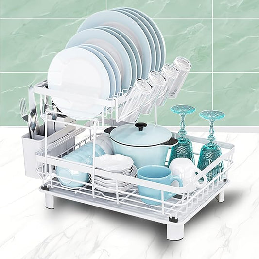 GAXmi Dish Drying Rack Over The Sink Drainer with Drainboard Utensil Holder Cup Holder, 2-Tier White-HomvellaHome
