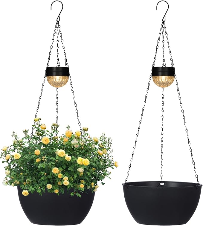 2 Packs Hanging Planters Basket for Outdoor Plants, Solar Powered Self Watering Black Round Plastic Flower Pots with Drainer for Balcony Patio Garden Outdoor Decoration-HomvellaHome