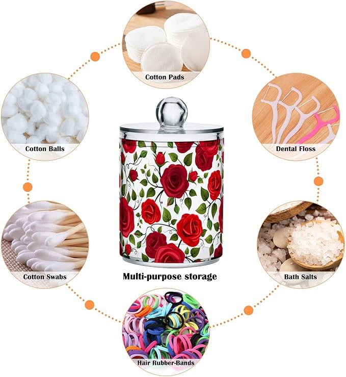 2 Pack Qtip Holder Dispenser Red Rose Flowers Bathroom Storage Canister Lid Acrylic Plastic Apothecary Jar Set Vanity Makeup Organizer for Cotton Swab/Ball/Round Pads, Floss-HomvellaHome