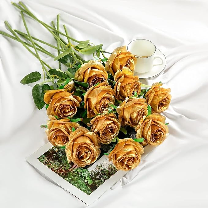 Gold Fake Roses Artificial Flowers - 16 Pcs Fake Artificial Roses Silk Flowers with Stems for Home Wedding Hotel Office Centerpiece Decor-HomvellaHome