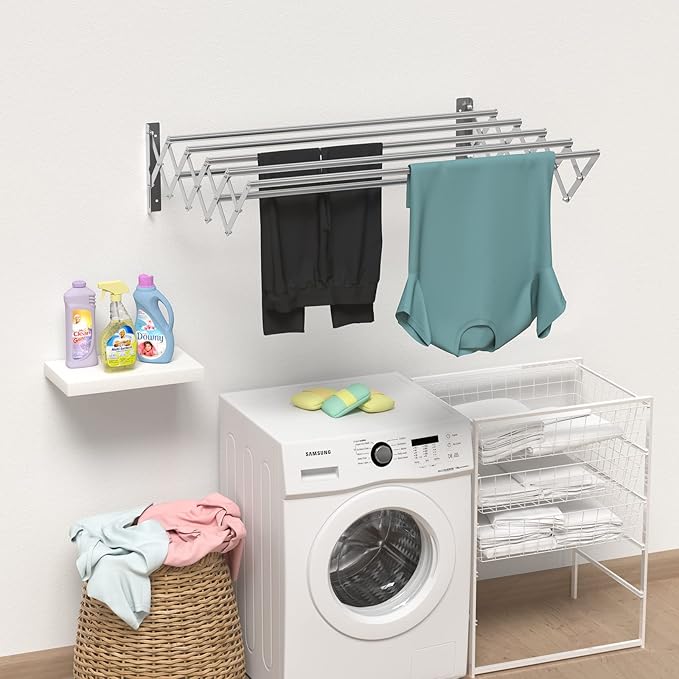 Guevara Wall Mounted Clothes Drying Rack,Stainless Steel Foldable Drying Rack for Laundry Room/Bathroom Tower，Easy to Install 31-inch Rod, 120 lbs Large Capacity- Indoor and Outdoor Use-HomvellaHome