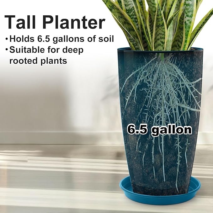 GameXcel Tall Flower Pot Indoor - Outdoor Plant Pot - Turquoise Glossy Planter - Elegant Stone Imitation - 12" Diameter 21" Tall with Drainage Holes and Saucer 2Pack-HomvellaHome