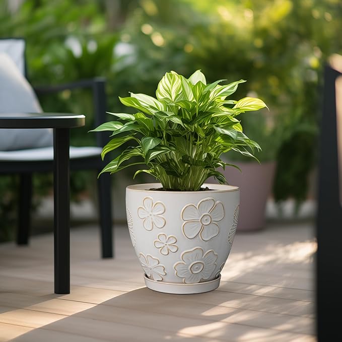 10 Inch Ceramic Planter Pot Large Plant Pot for Indoor Plants Outdoor Round Flower Pot with Drainage Hole and Saucer for Home Garden Decor White-HomvellaHome
