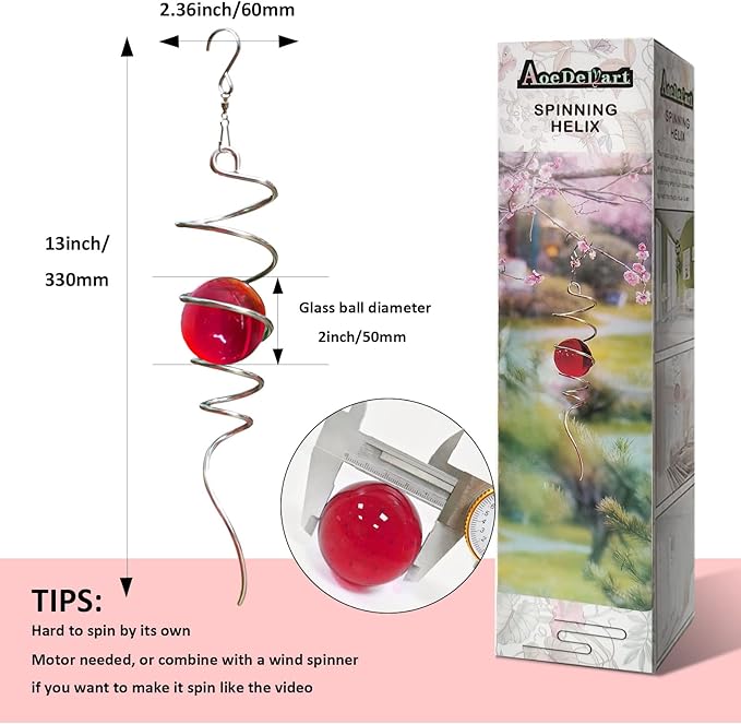 Gazing Ball Spiral Decorative Wind Spinner Sun Catcher 11inch Tail and 2 inch Glass Orb. Indoor Outdoor Garden Decoration Wind Sculptures Wind Spinner Tail-13 inch Height (red)-HomvellaHome
