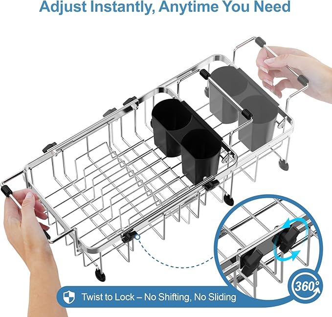 GSlife Expandable in Sink Small Dish Drying Rack - Stainless Steel Capacity Adjustable Over The Sink Dish Rack with Utensil Holder, 11.9“-16.7” L x 9" W x 5.7" H, Silver-HomvellaHome
