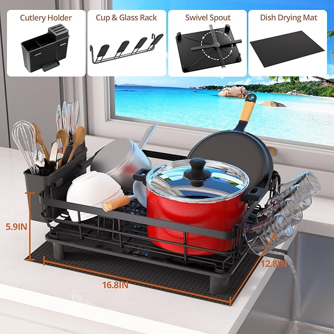 Godboat Dish Drying Rack, Dish Rack with Auto-Drain & Mat, Dish Drainers for Kitchen Counter, Glass Organizer for 4 Cups, 3 Slots Utensil Holder, Gifts for Women Mothers Day, Kitchen Gadgets & Decor-HomvellaHome