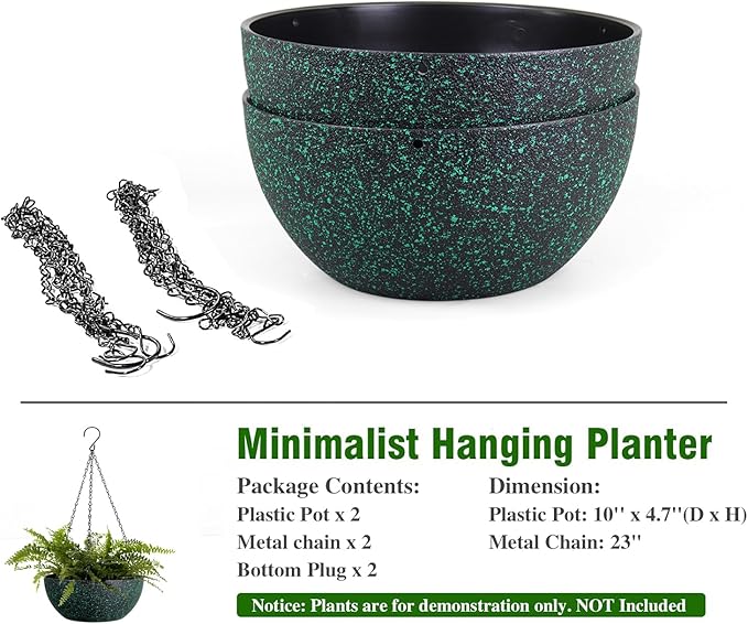 10inch Hanging Planters for Outdoor Indoor Plants with Drainage Holes and Chain, 2 Pack Round Hanging Flower Pots for Garden Home Porch Decor, Black with Green Speckles-HomvellaHome