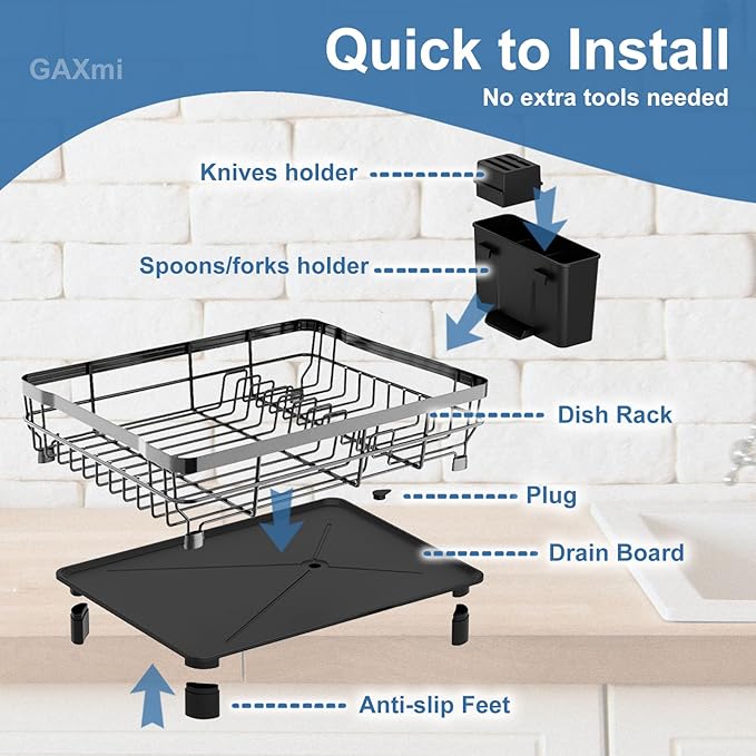 GAXmi Dish Drying Rack Over The Sink Drainer with Drainboard Utensil Holder, 1-Tier Grey-HomvellaHome