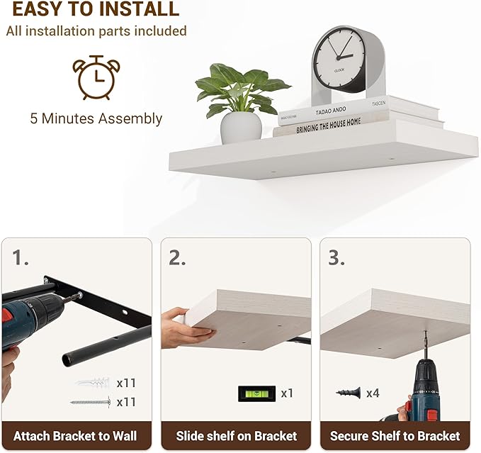 16 Inch Floating Shelves, 16"x9.25"x1.5" Inch Deep Floating Shelves for Wall, Wooden Shelves for Bathroom, Bedroom, Living Room, Cream White Oak-HomvellaHome