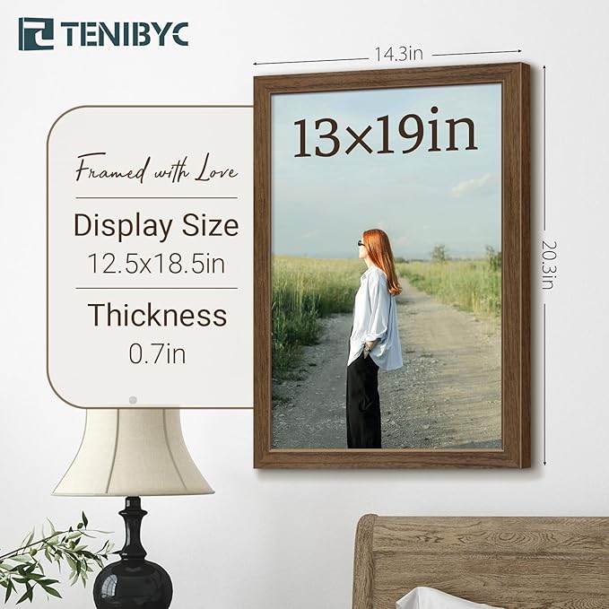 13x19 Picture Frame 3 Pack - Brown Woodgrain, Wood Photo Frame, HD Tempered Glass, Wall Gallery Poster Frame-HomvellaHome
