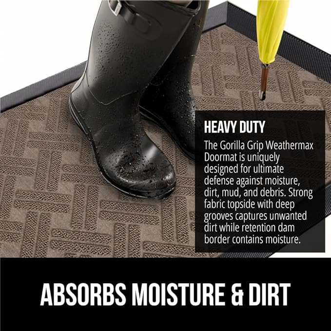 GORILLA GRIP 100% Waterproof All-Season WeatherMax Doormat, 72x24, US Designed Natural Rubber, Stain and Fade Resistant, Low Profile Indoor Outdoor Door Mats, Easy Clean Patio Mat, Taupe Basket Weave-HomvellaHome