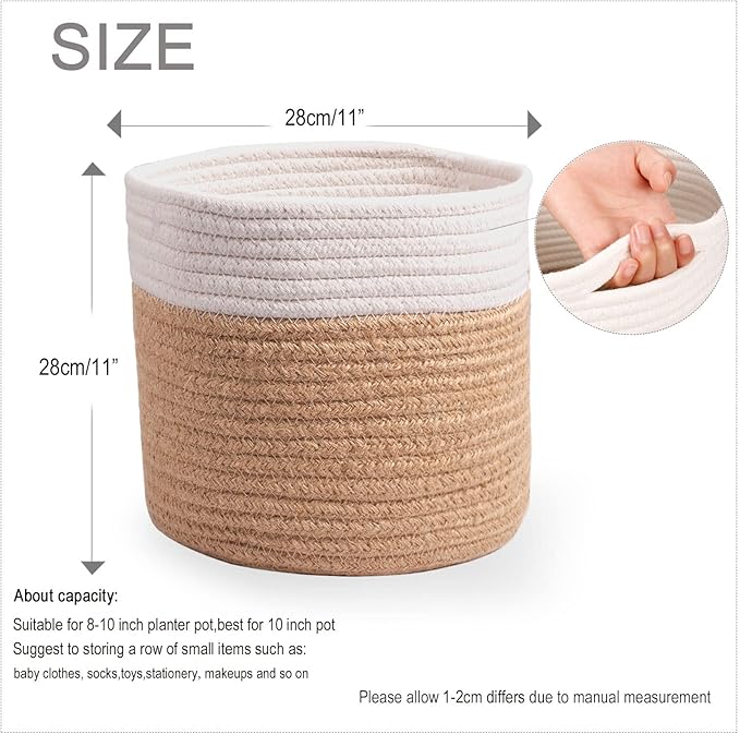 11" Cotton Rope Plant Basket Modern Woven Baskets for 10" Flower Pot Floor Indoor Planters,Storage Organizer Baskets Home Decor,Brown White 11"x 11"-HomvellaHome