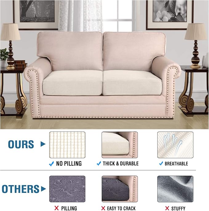 H.VERSAILTEX Super Stretch Individual Seat Sofa Covers Couch Slipcover Sets Thick Jacquard Textured Twill Fabric (2 Piece Medium Sofa Cushion Covers, Natural)-HomvellaHome